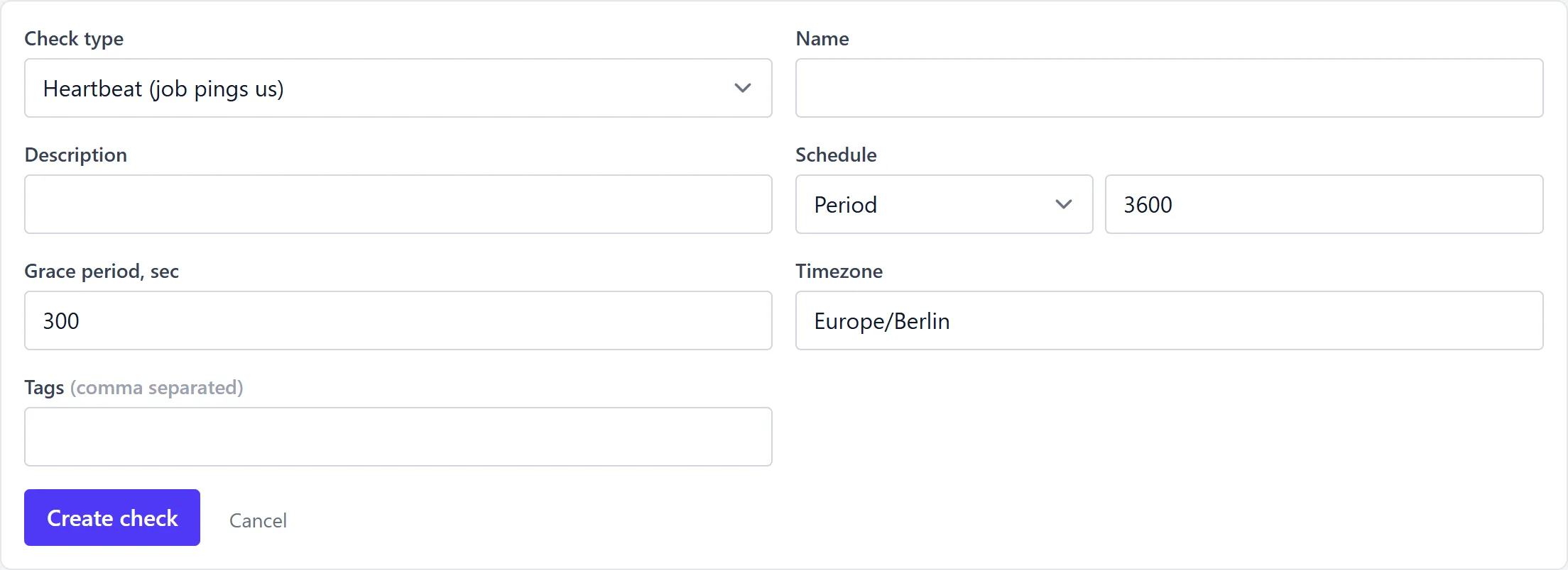 The new check form in the dashboard: check kind Heartbeat, name, description, a schedule set to Period with 3600 seconds, a grace period of 300 seconds, the Europe/Berlin time zone and a tags field