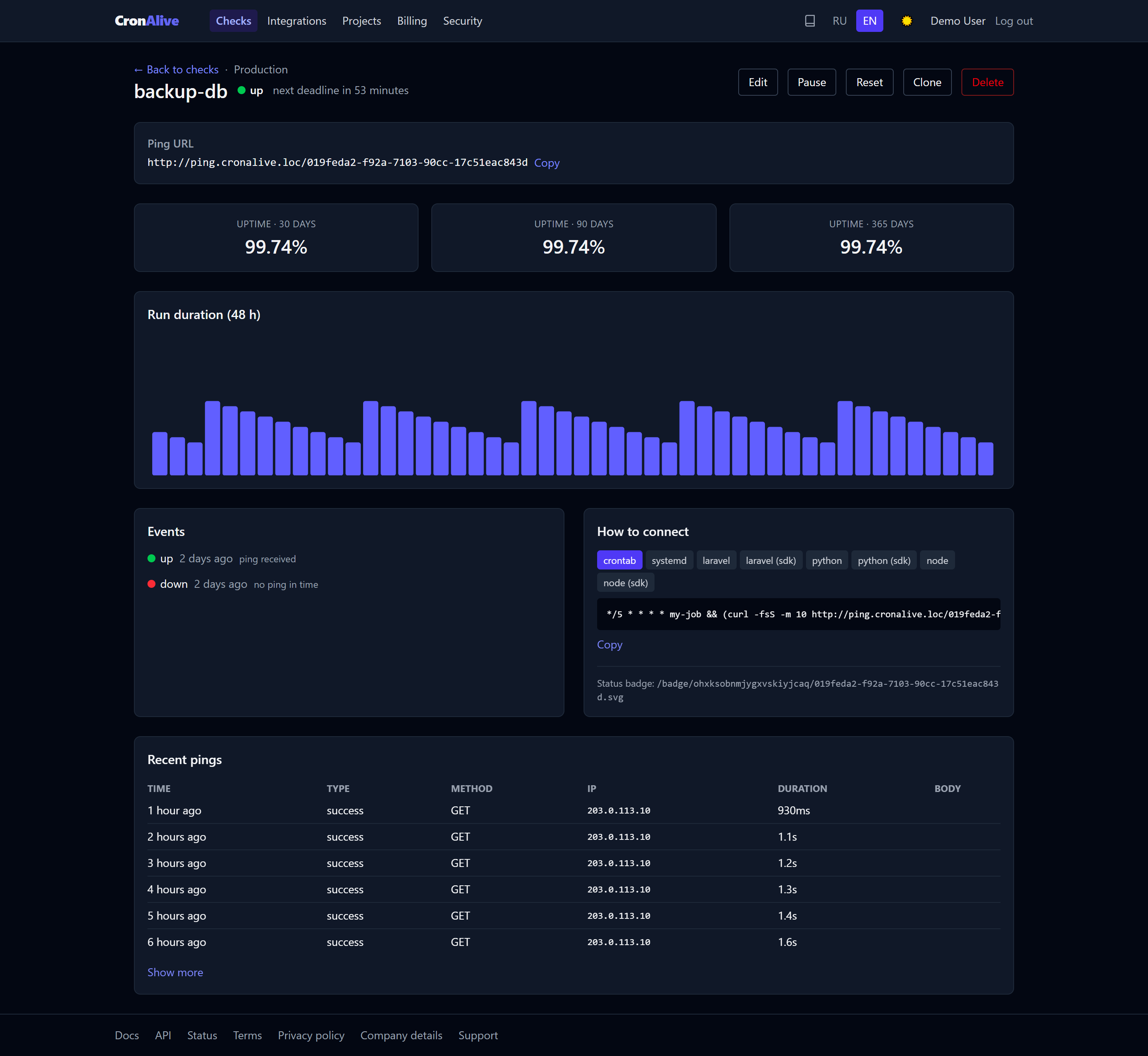 The check page in the dashboard: name and status with the next deadline, the ping URL with a copy button, uptime over 30, 90 and 365 days, the execution duration chart, the event feed, integration snippets and the log of recent pings