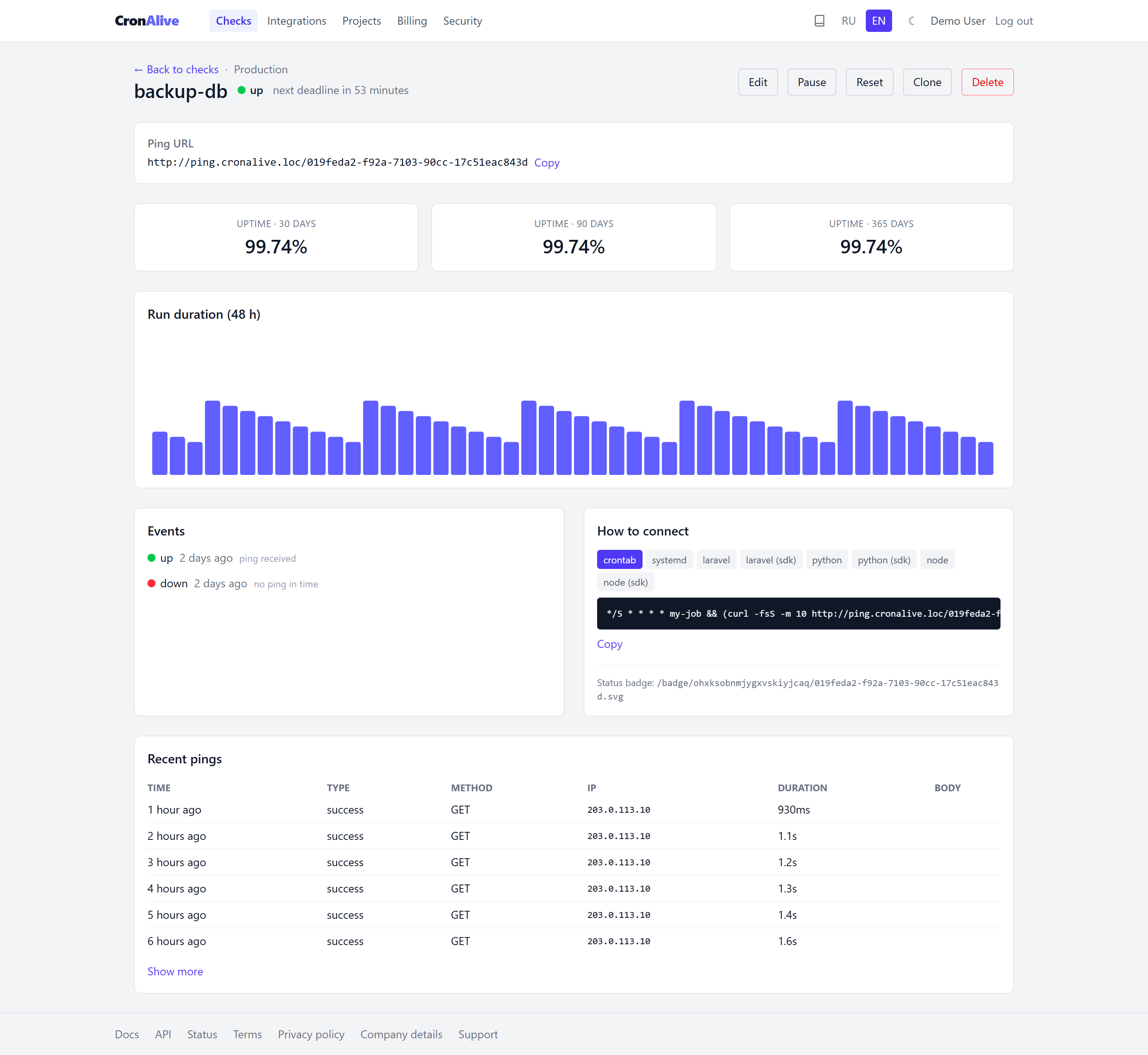 The check page in the dashboard: name and status with the next deadline, the ping URL with a copy button, uptime over 30, 90 and 365 days, the execution duration chart, the event feed, integration snippets and the log of recent pings