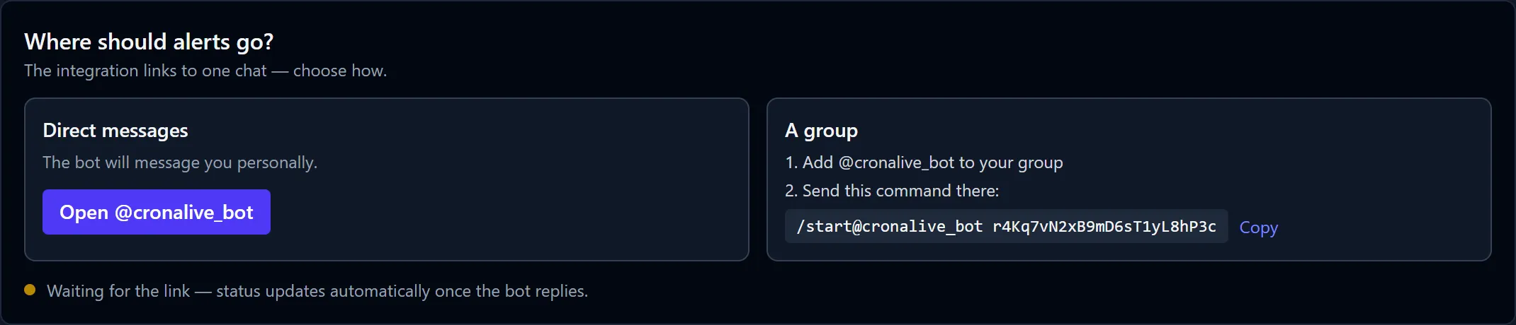 The Telegram linking block in the dashboard: a "Direct messages" card with a button that opens the bot, and "A group chat" card with the ready-made /start command and a Copy button